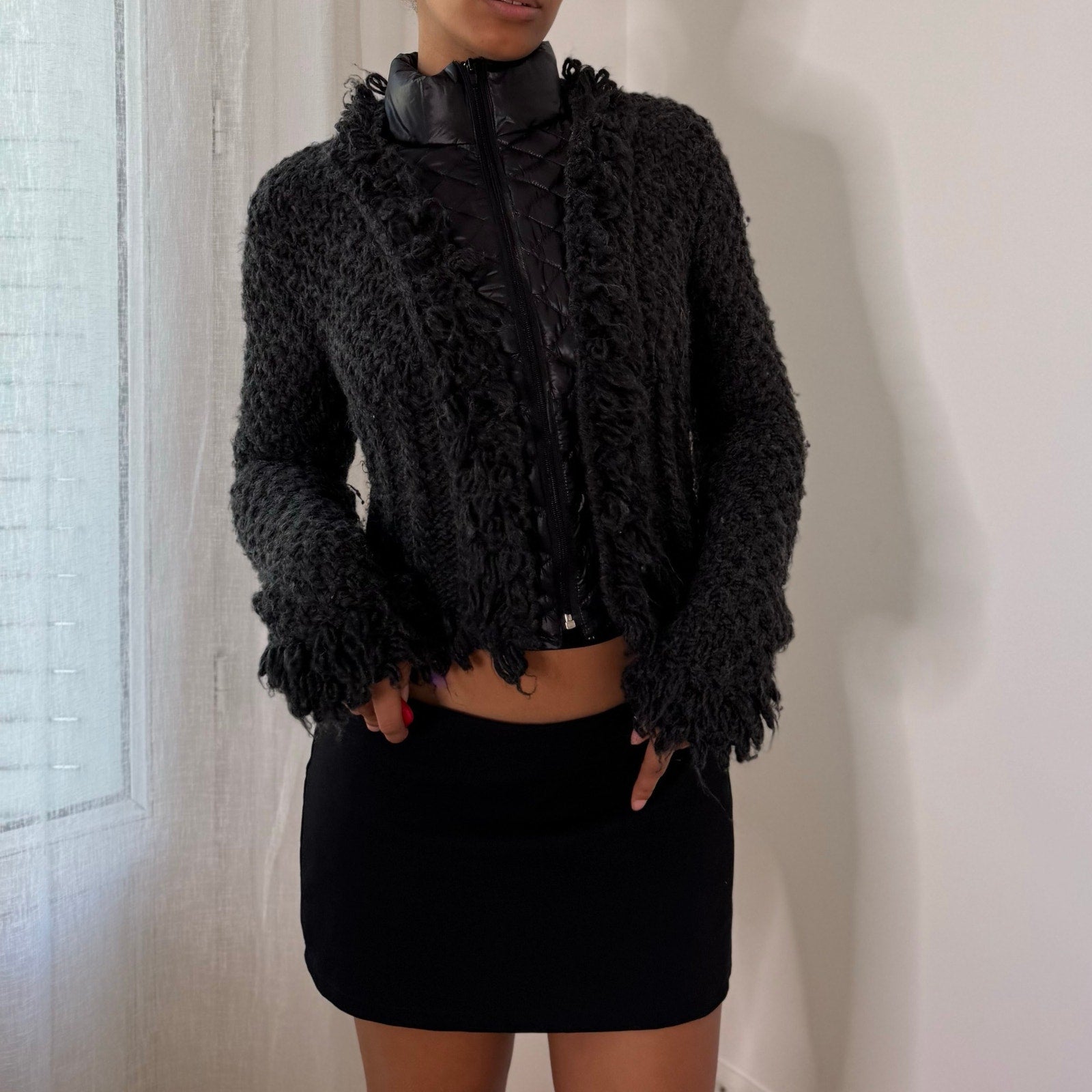 Italian vintage charcoal grey textured wool blend zip-up jacket with high collar