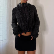 Italian vintage charcoal grey textured wool blend zip-up jacket with high collar