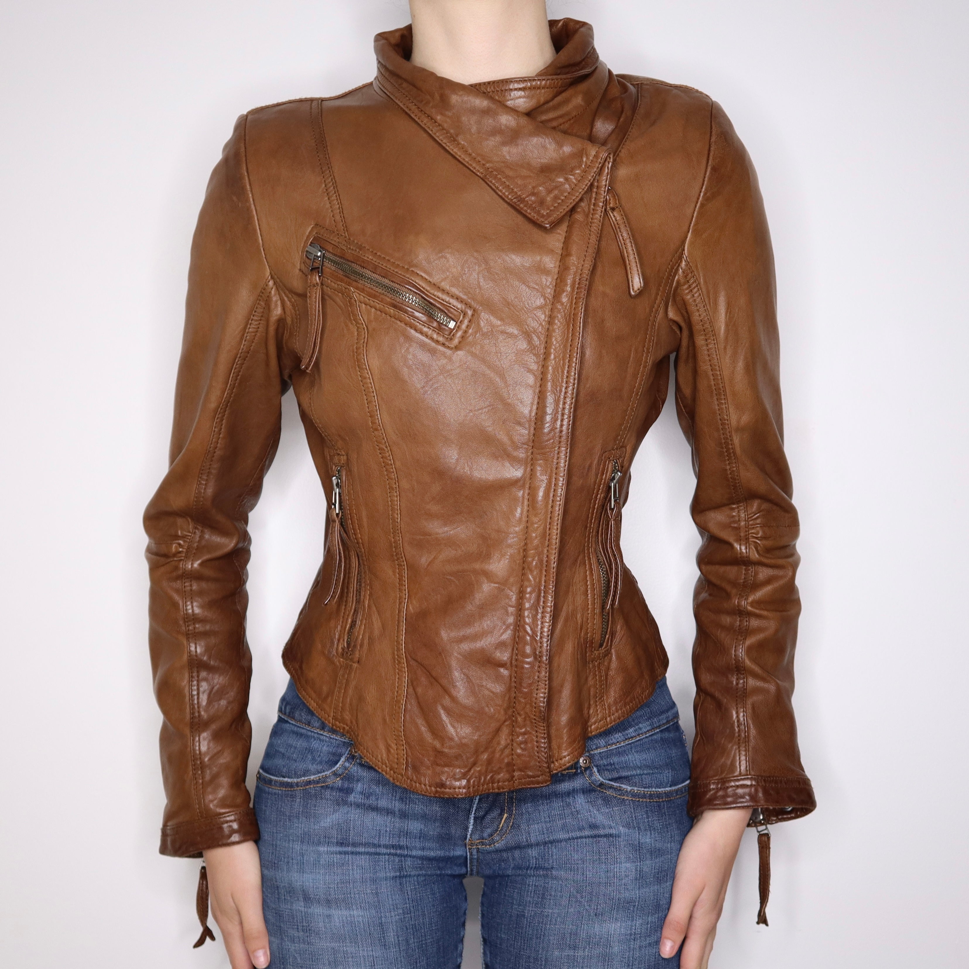 Y2K Sexy Brown Leather Moto Jacket (S)