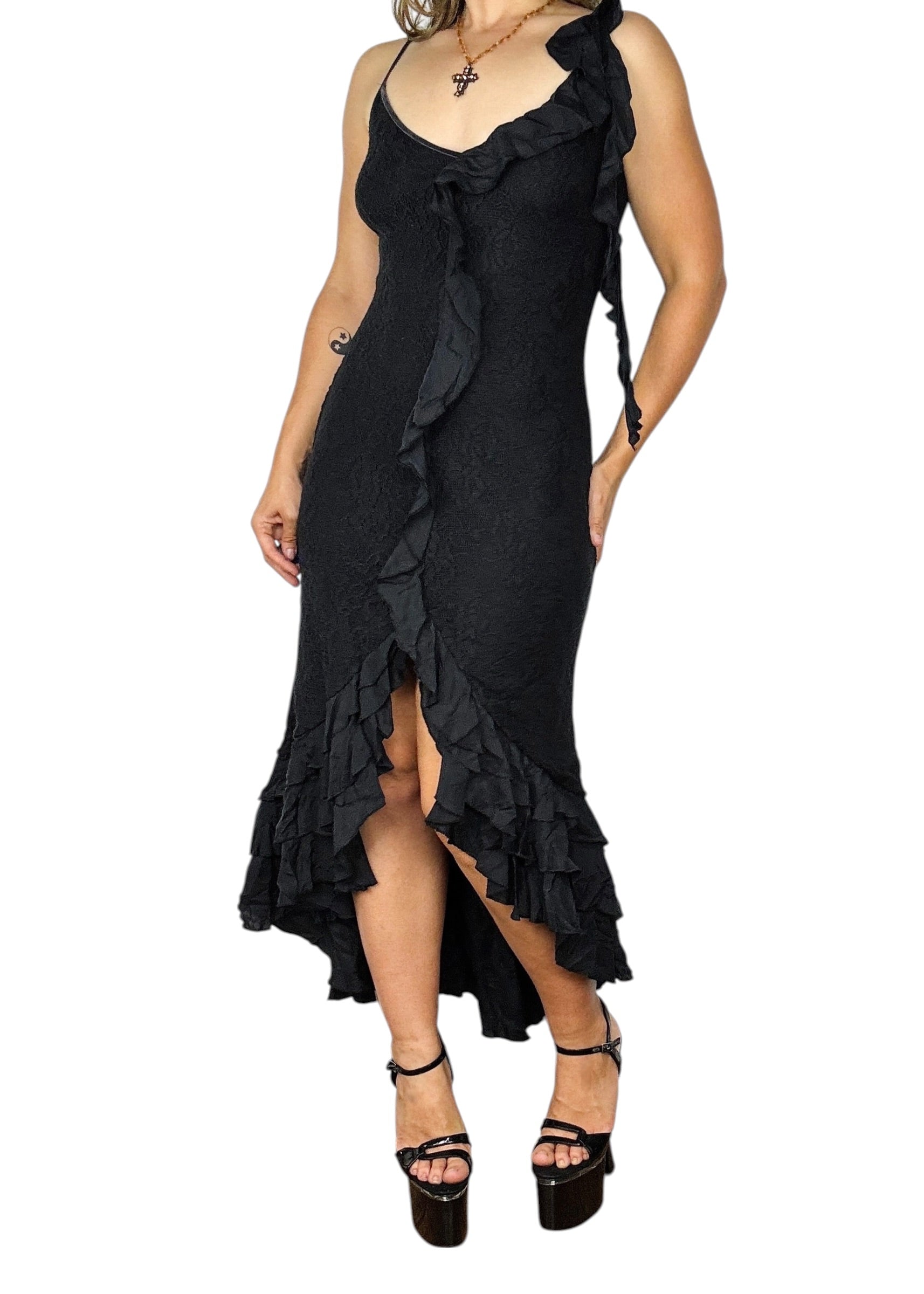 Vintage Black Lace Silk Ruffle Detail Midi Dress (M/L)