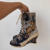 Vintage Denim Embroidered Lace-Up Wedge Boots (EU 38 / US 8)