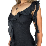 Vintage Black Lace Silk Ruffle Detail Midi Dress (M/L)