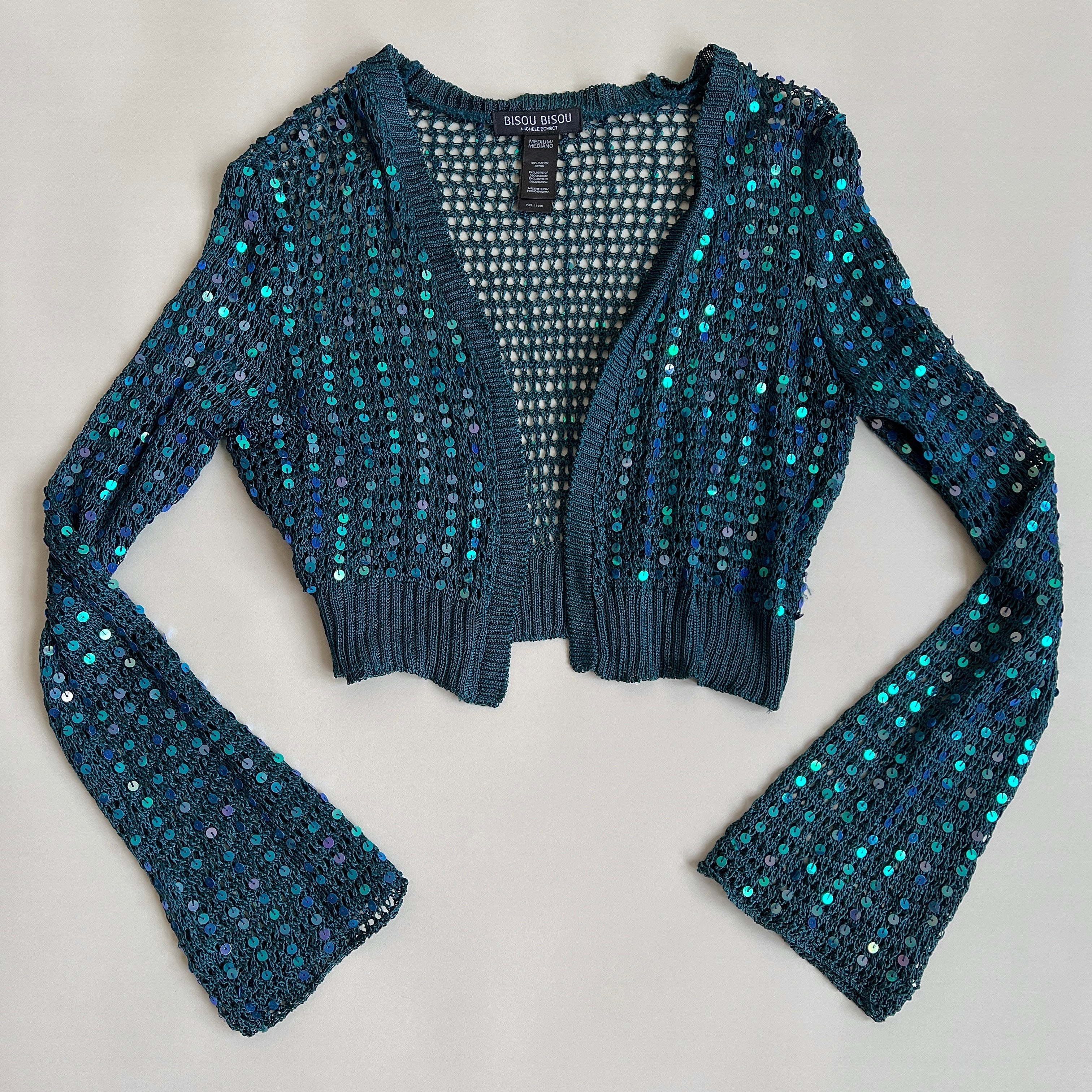 2000s teal sequin crochet cardigan (S/M)