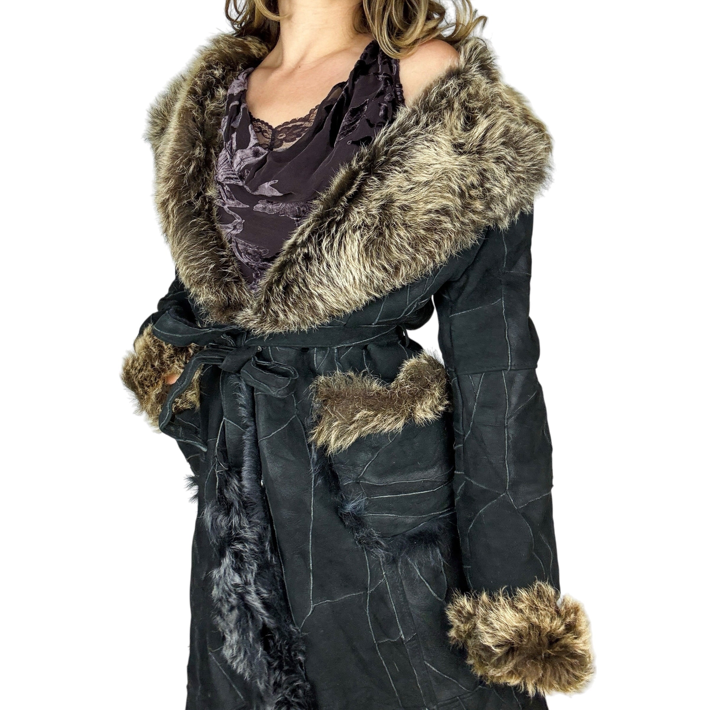 Pablo Valentino Parisian Vintage Fur Trim Suede Leather Patchwork Coat (M/L)