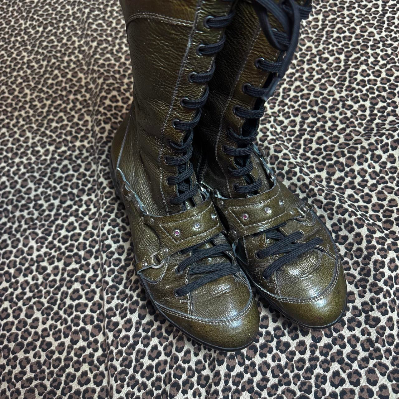 Italian Vintage Olive Patent Leather Lace Up Boxing Boots (7)