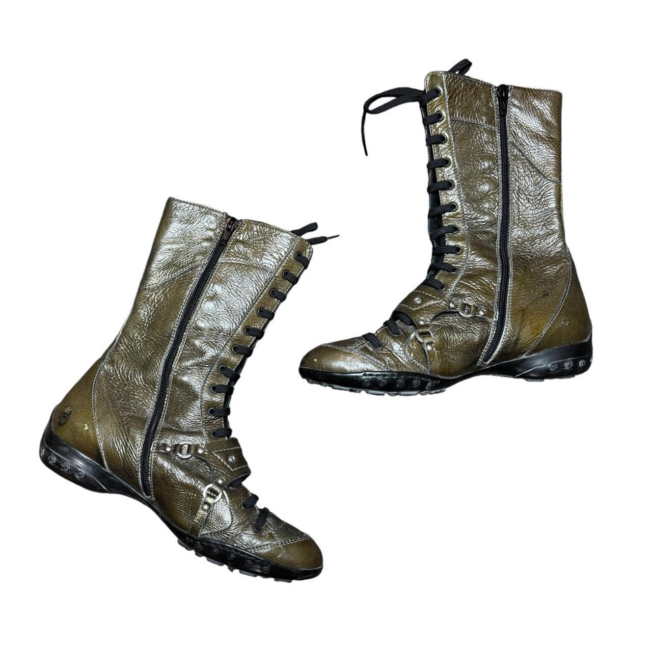 Italian Vintage Olive Patent Leather Lace Up Boxing Boots (7)