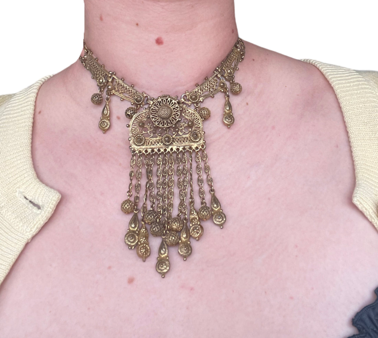 Antique Mid-Century Indian Brass Choker with Dangles, Intricate Cannetille Work