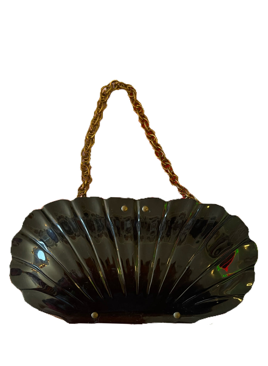 50s Black Clam Shell Purse Holy Thrift