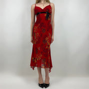 90s Red Floral Milkmaid Midi Dress (XS)