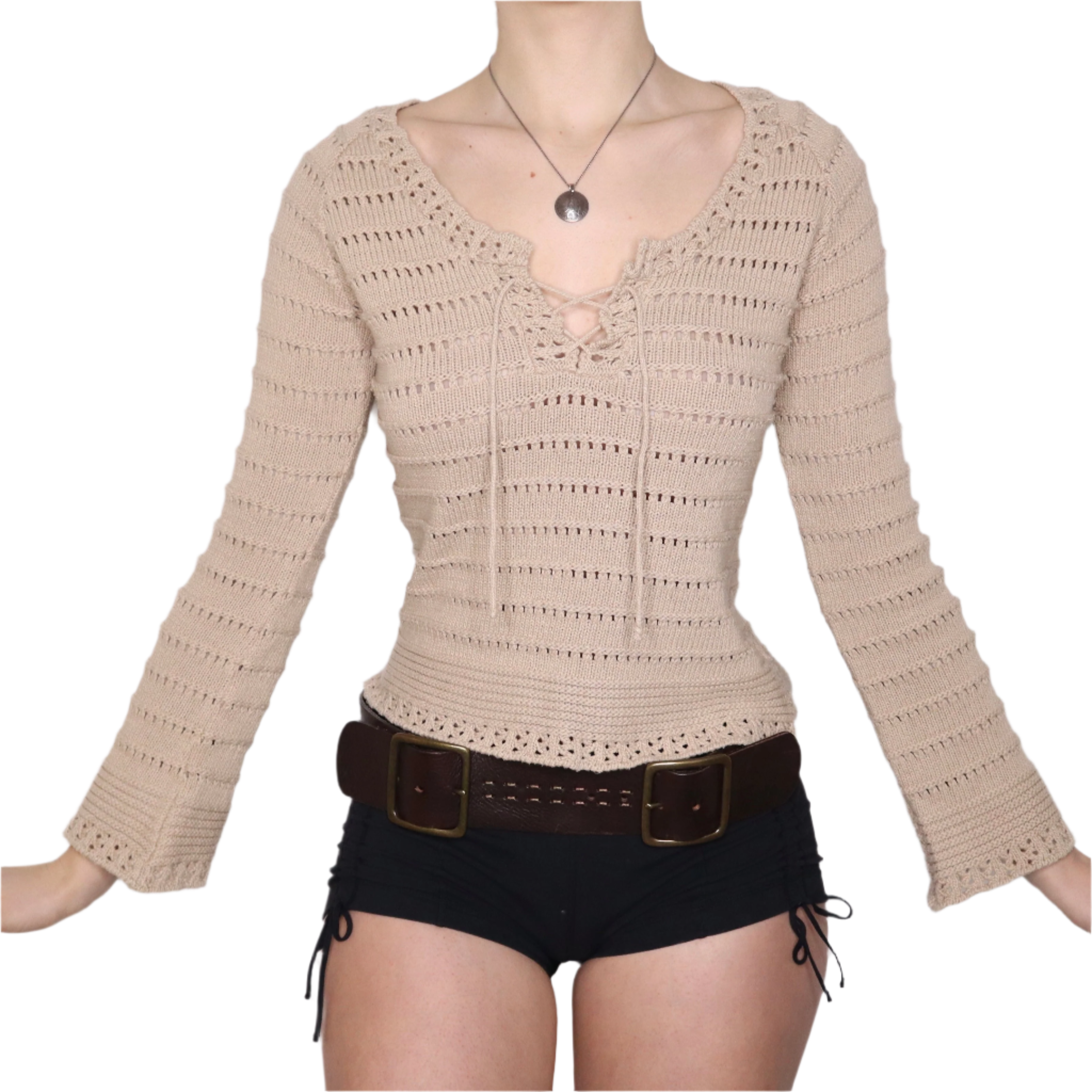 Y2K Tan Knit Flared Sleeve Sweater (M)