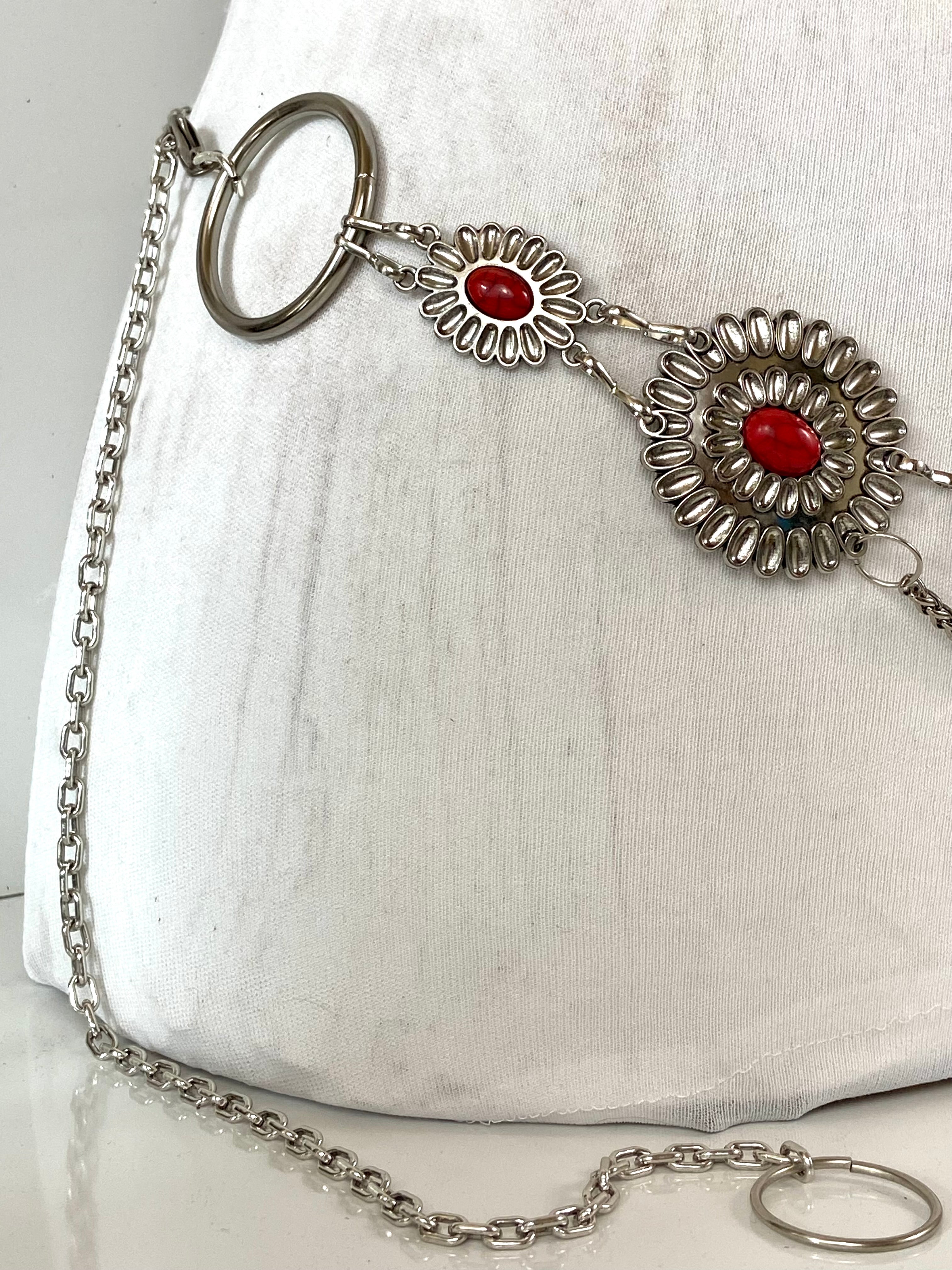 Silver red tone waist belt