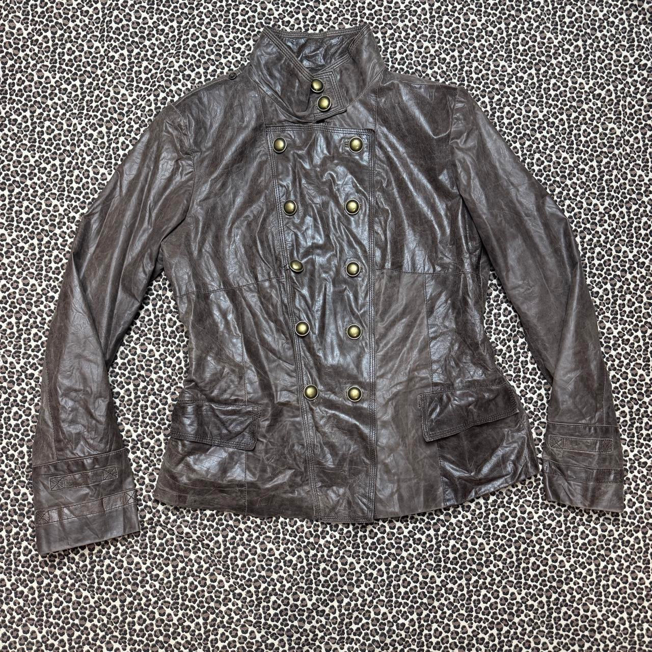 Brown Leather Double Breasted Vintage Military Jacket (L/XL)