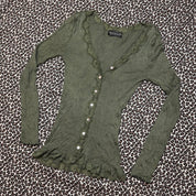 Euro Vintage Moss Green Lace Trim Cardigan (XS/S)