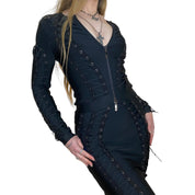 Vintage Lace Up Eyelet Bodycon Midi Dress (S/M)