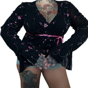 Vtg embroidered micromesh wrap blouse (XL)