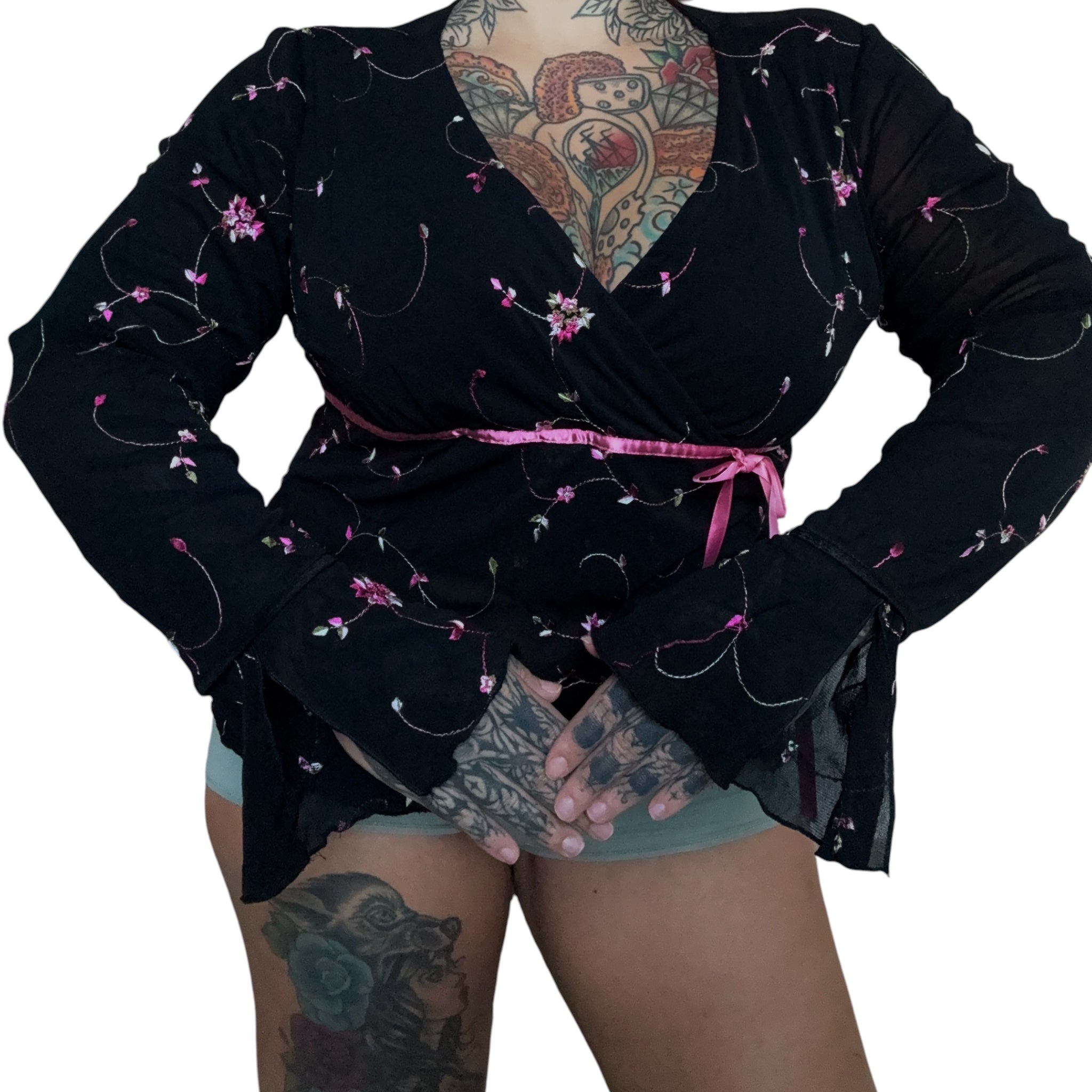 Vtg embroidered micromesh wrap blouse (XL)