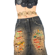 Y2K Distressed Denim Patchwork Skirt (S)