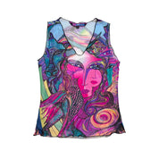 Y2K Psychedelic Art Graphic Mesh Top (M)