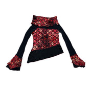 French Vintage Mesh & Knit Detail Asymmetrical Bell Sleeve Top (S)