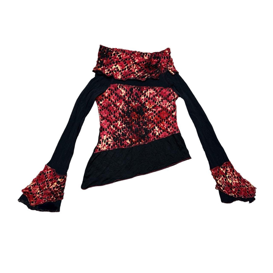 French Vintage Mesh & Knit Detail Asymmetrical Bell Sleeve Top (S)