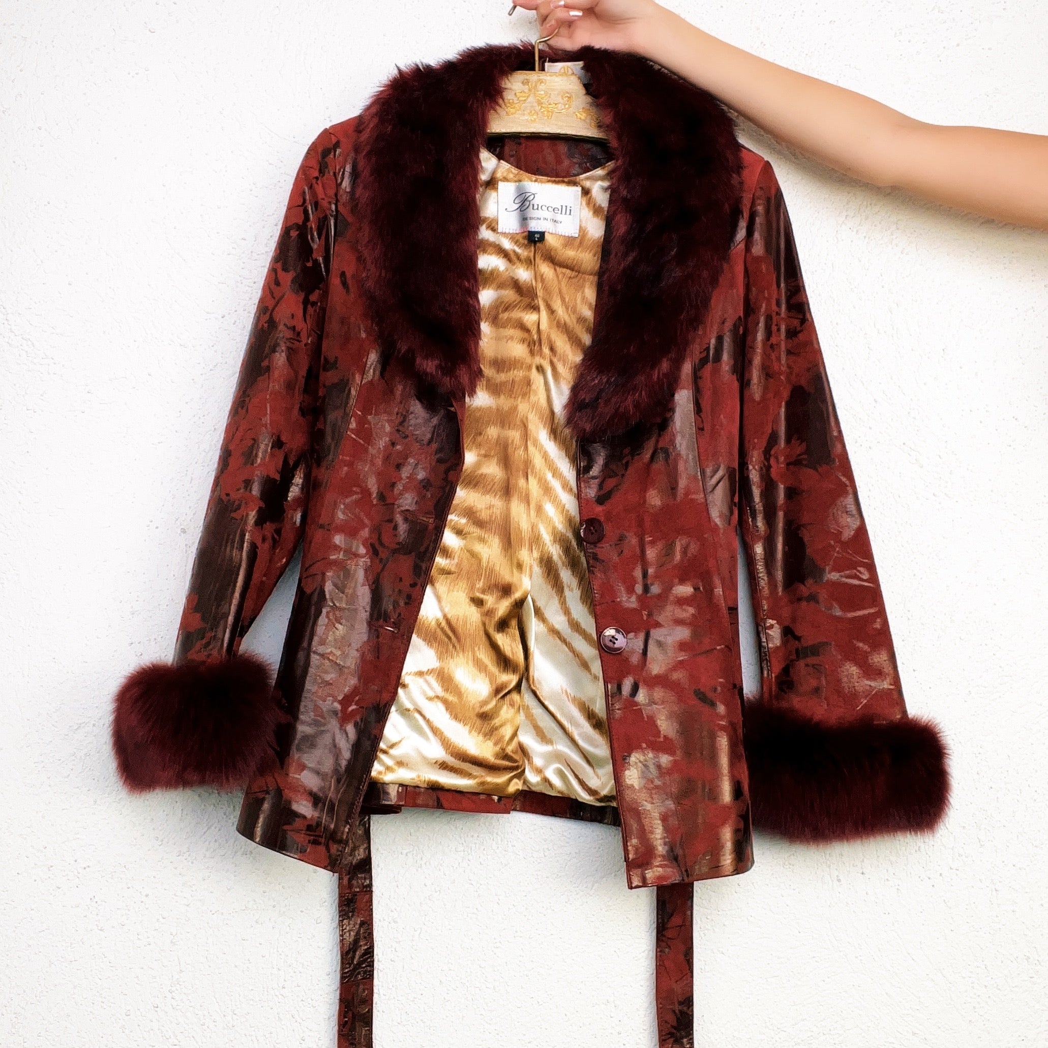 Vintage Burgundy Leather & Fur Trench - Small