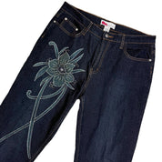 Y2K Beaded Floral Flare Jeans (XL)