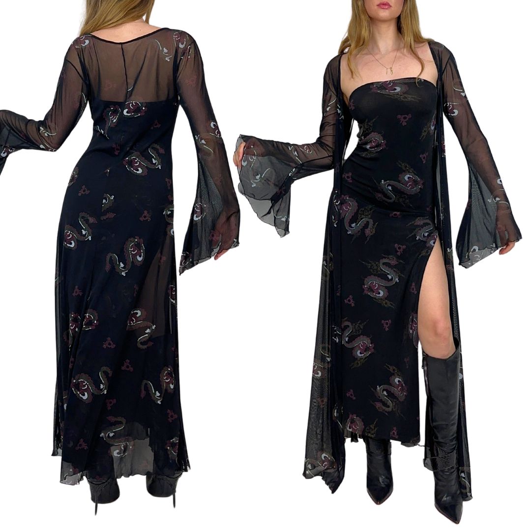 Vintage Dragon Print Slinky Dress + Duster Set (S)