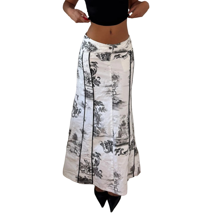 Fornarina Vintage White & Black Toile de Jouy Floral Patchwork Maxi Skirt (S)
