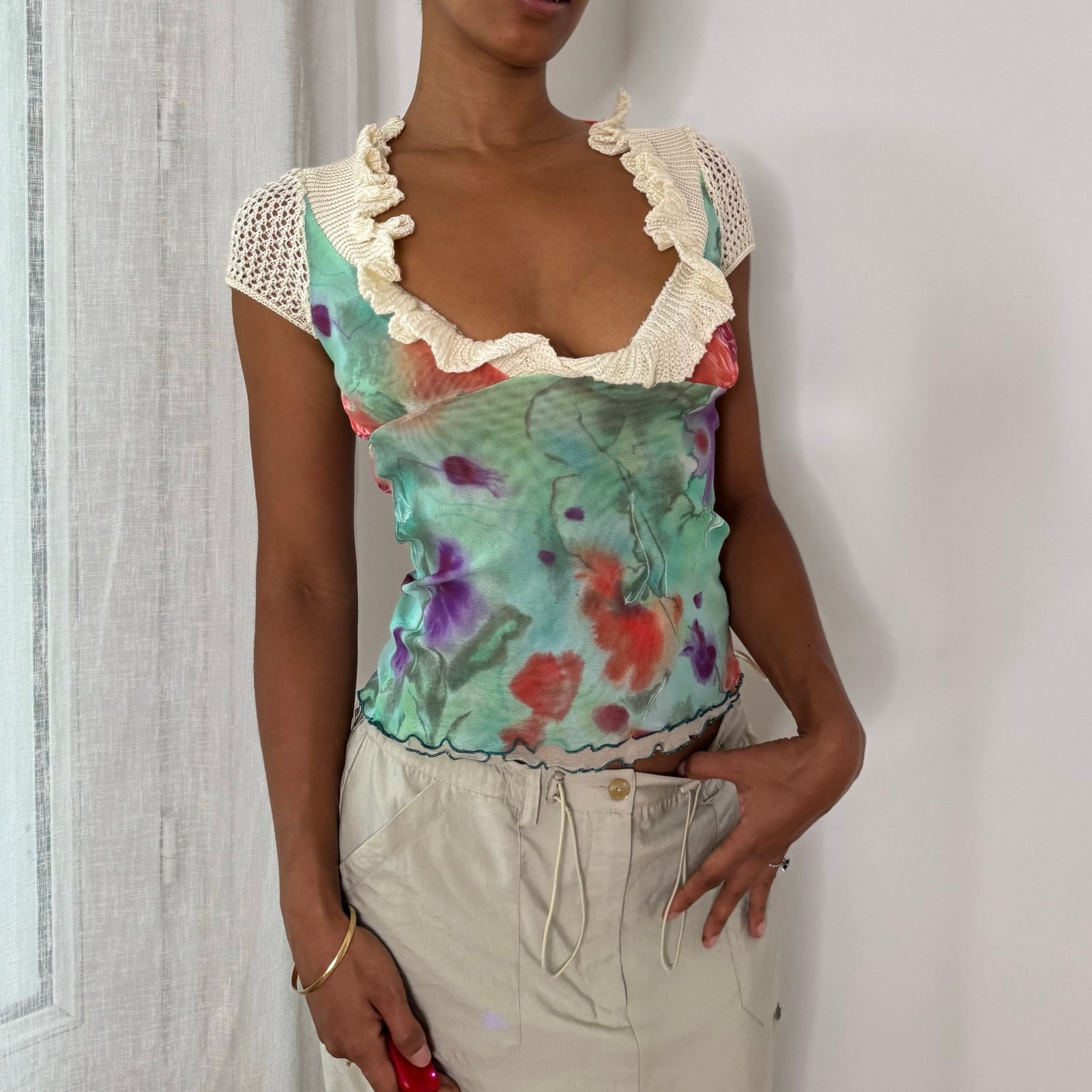 Sonia Fortuna Italian vintage turquoise floral mesh top with crochet ruffle neckline & cap sleeves