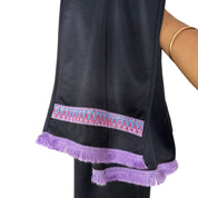 French vintage Y2K black low-rise trousers with purple fringe trim & pink turquoise embroidered cuffs