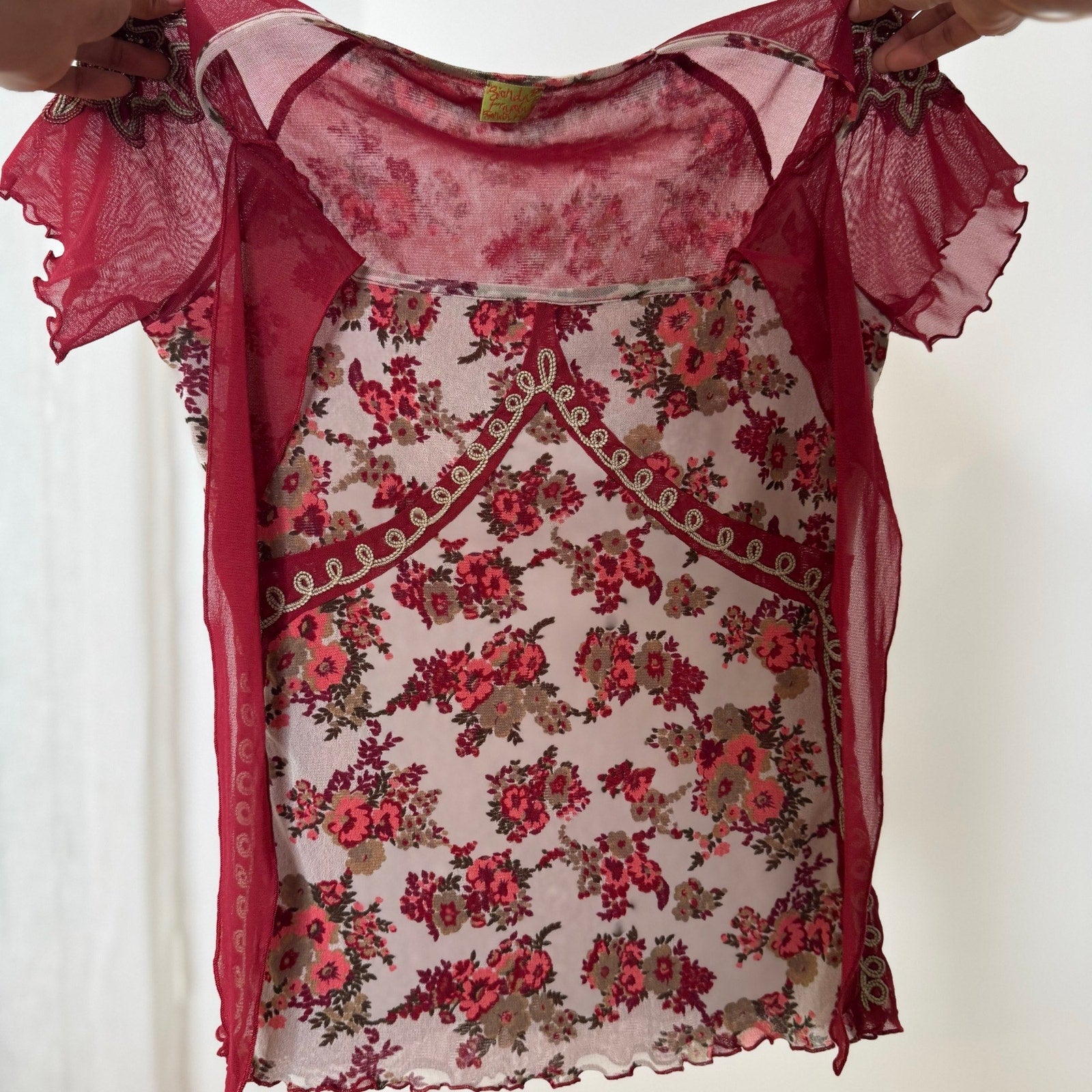 Italian vintage burgundy floral mesh top with beaded sleeves