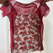 Italian vintage burgundy floral mesh top with beaded sleeves