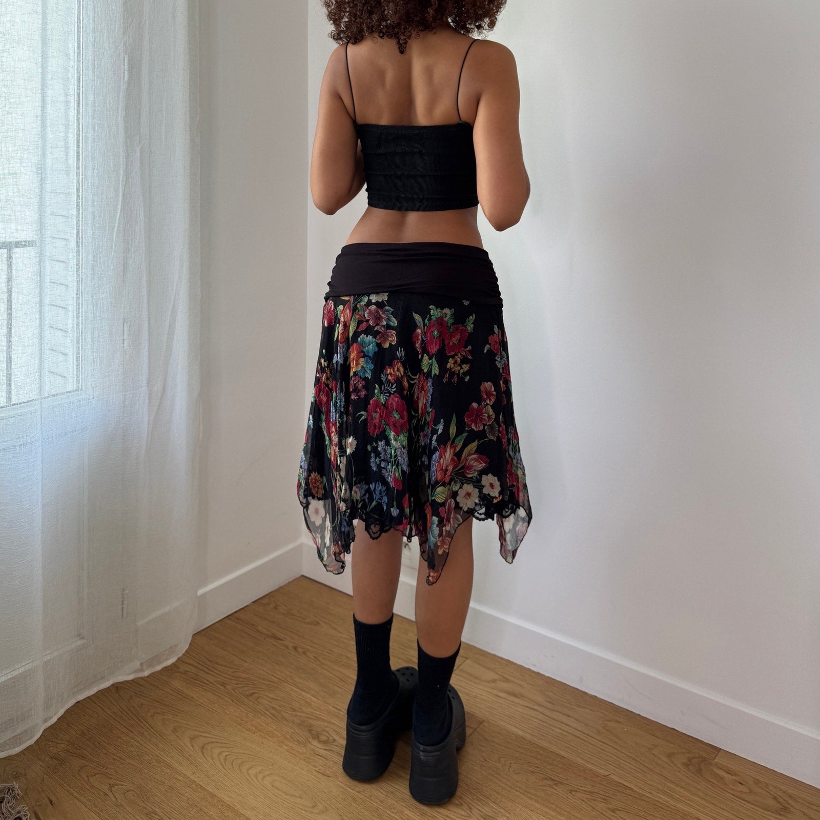 Vintage Italian Black Silk Mesh Midi Skirt (S)