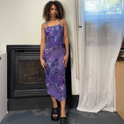 00s euro purple mesh floral print asymmetric maxi dress (S)