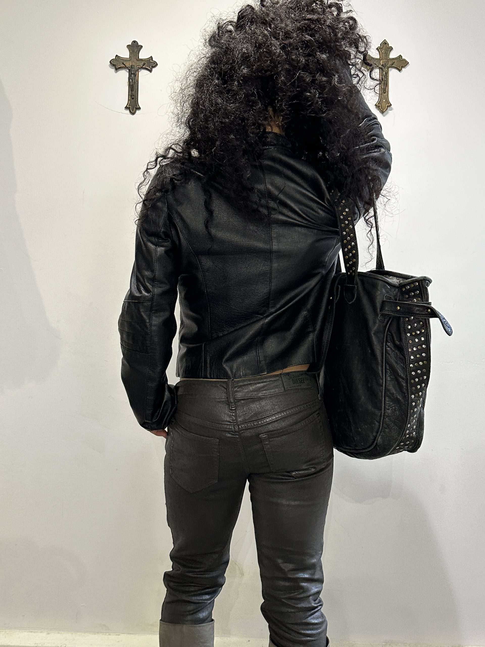 Vintage Italian Black Asymmetrical Zip Leather Jacket (M)