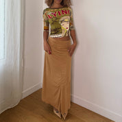Euro vintage 00s olive green illustrated graphic top with lettering & retro aviator print