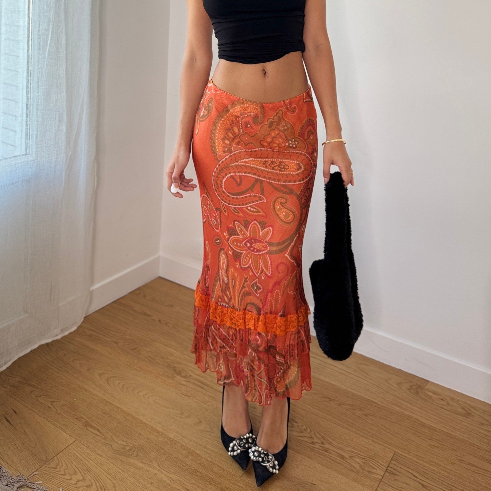Vintage Italian Orange Paisley Silk Mesh Midi Skirt (S)