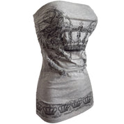 Y2K Grey ornate/grunge-style royal crown strapless tube top (XS/S)