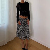 Italian vintage black & white abstract zebra print mesh midi skirt with ruffled hem