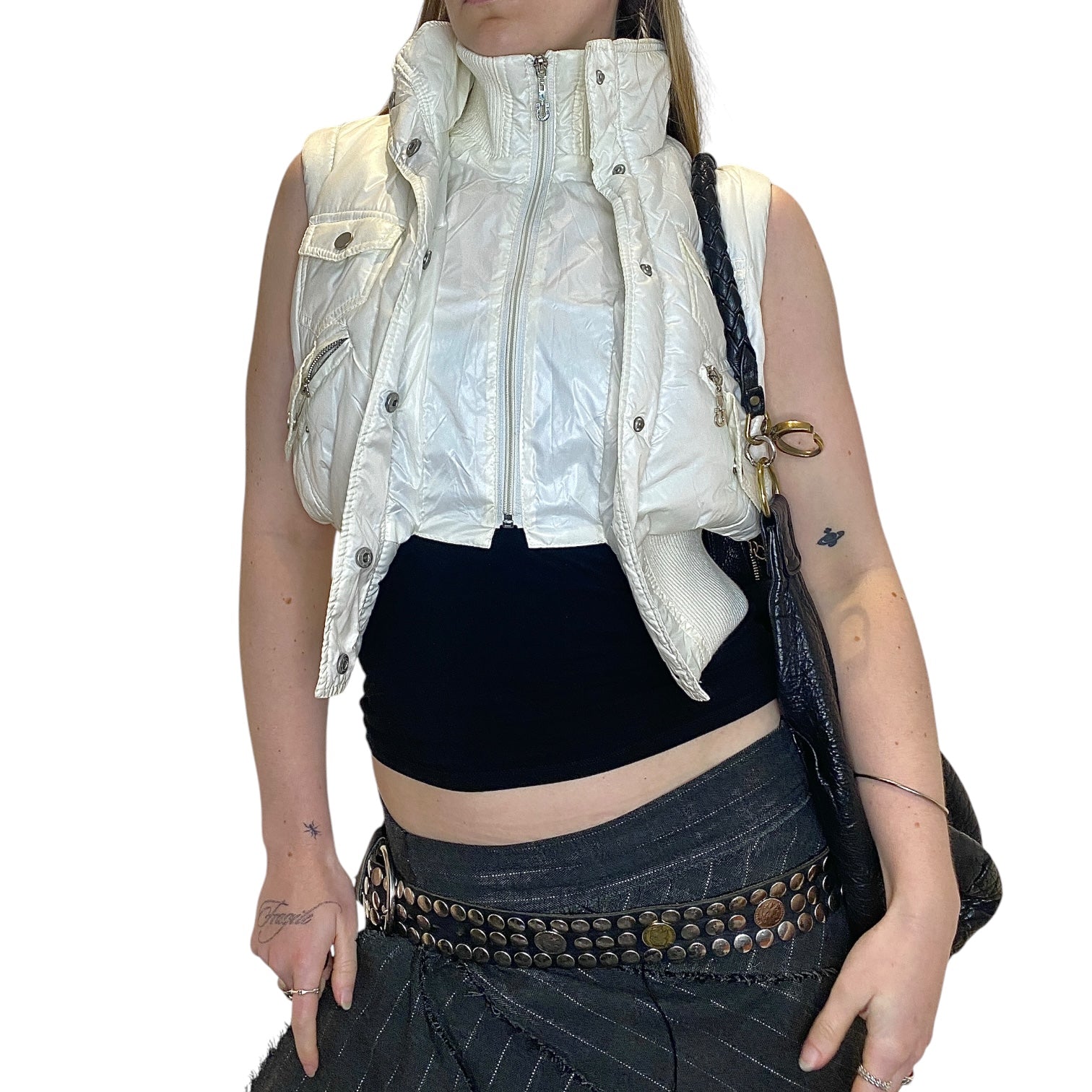 Y2K Cropped White Puffer Gilet (S/M)