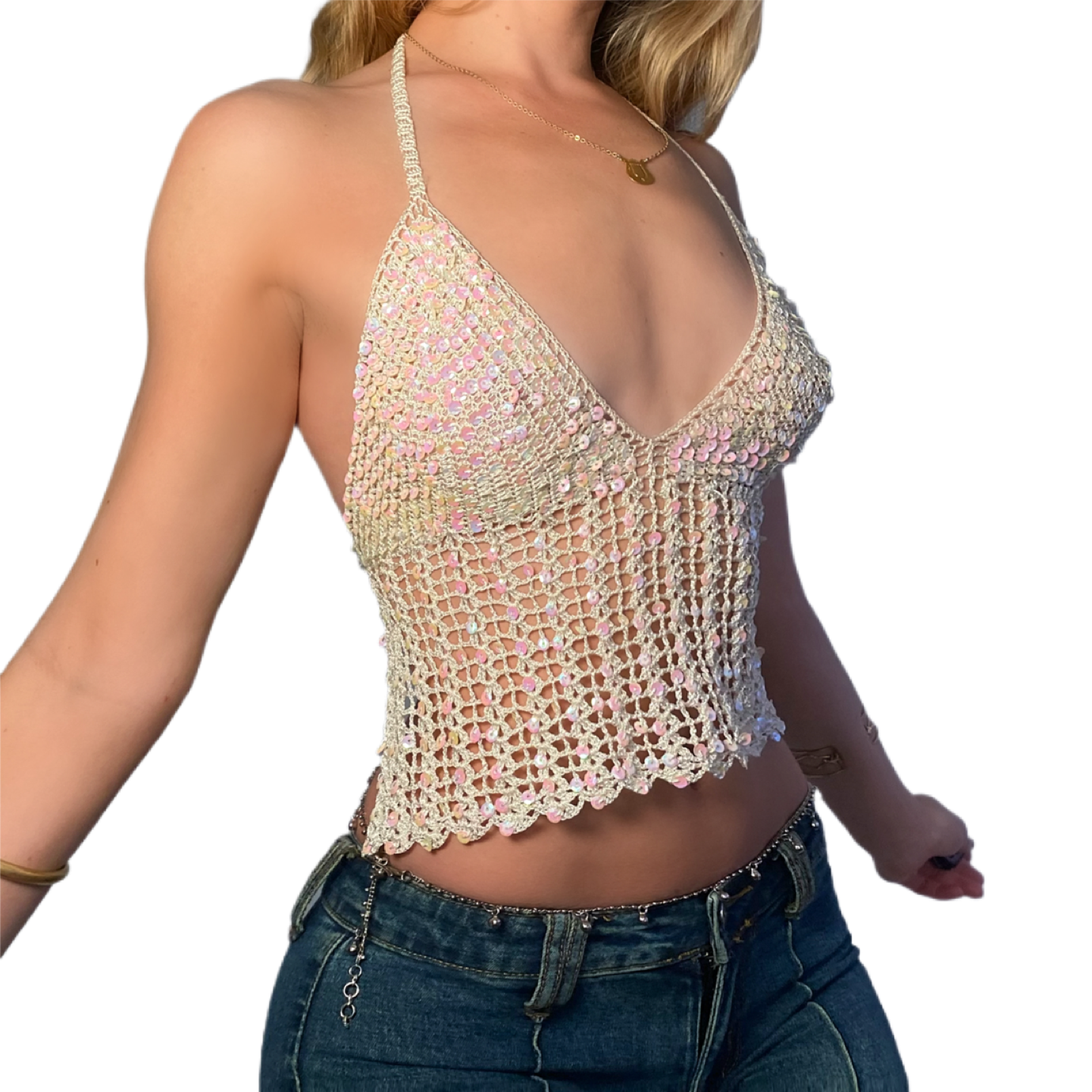 Vintage 90’s ivory sequin halter - small