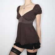 Y2K BEBE Brown Eyelet Lace Babydoll Blouse (XS)