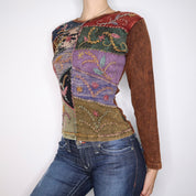 Y2K Boho Patchwork Long Sleeve Top (S)