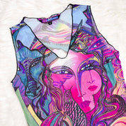 Y2K Psychedelic Art Graphic Mesh Top (M)