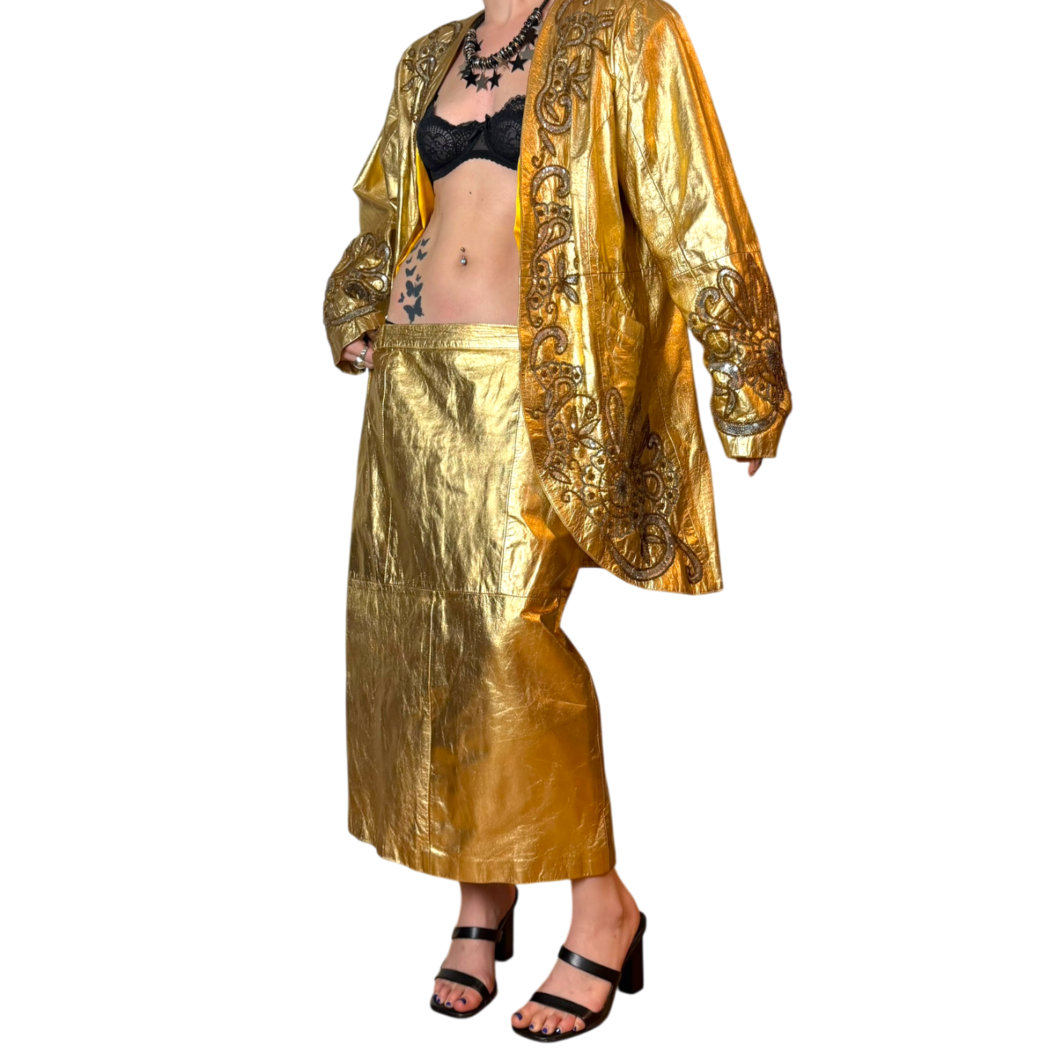 Vintage Gold Leather Skirt Suit (M/L)