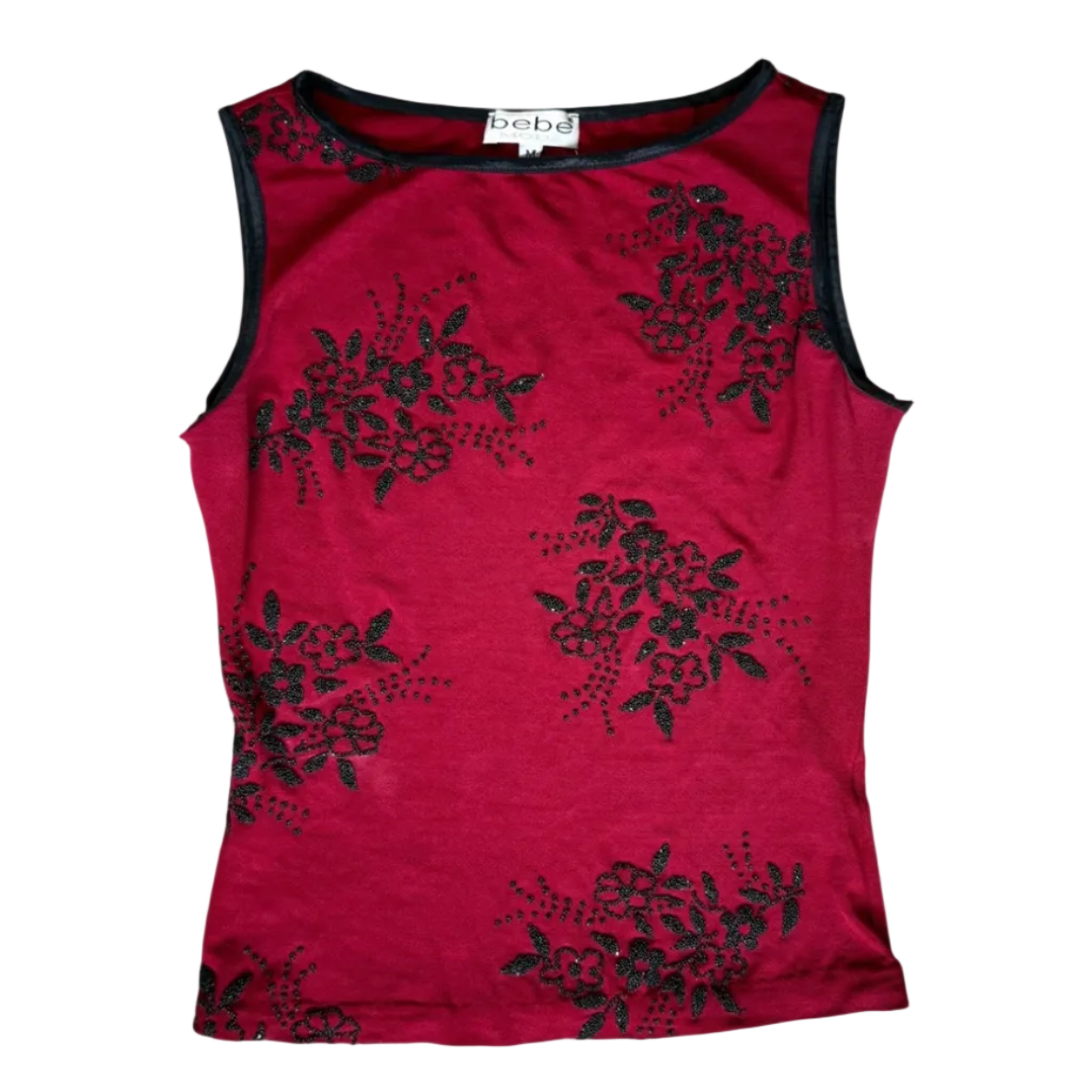 Bebe Red & Black Beaded Floral Tank (M)