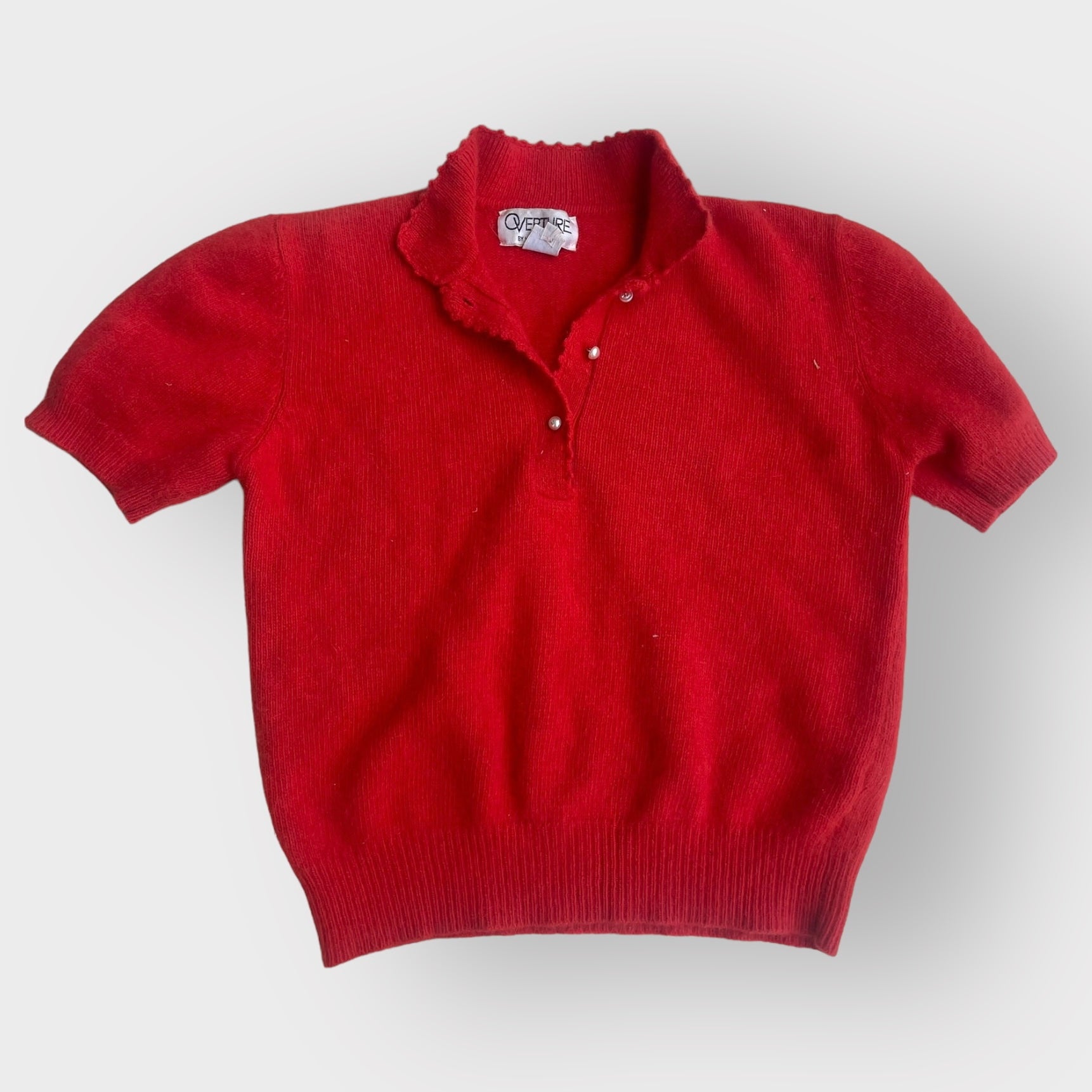 90s Red Angora Sweater Top with Pearl Buttons (S/M)