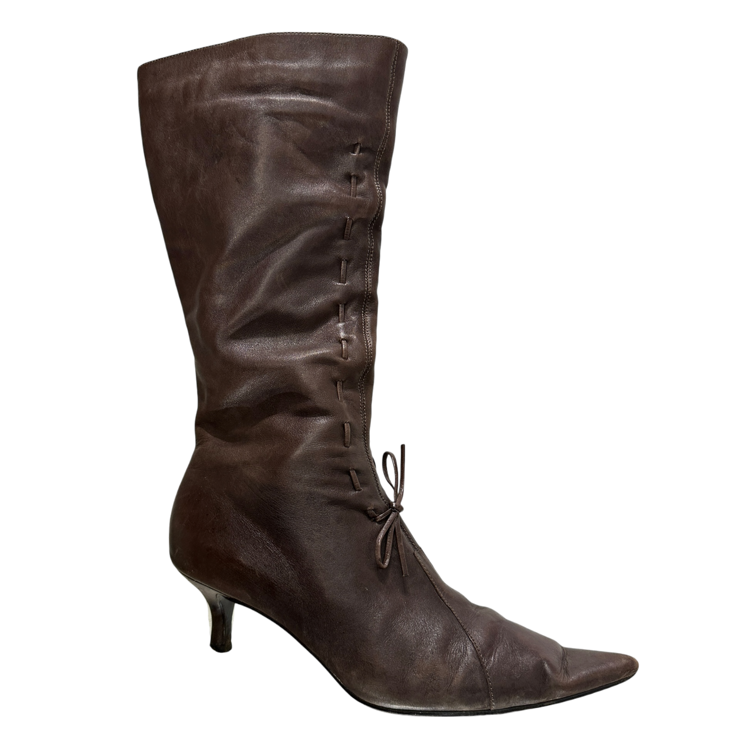 Vintage Y2K 2000s Leather Pointed Toe Kitten Heel Calf Boots (US 7 EU 38)