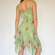 2000s Pastel Green Floral Flutter Midi Dress