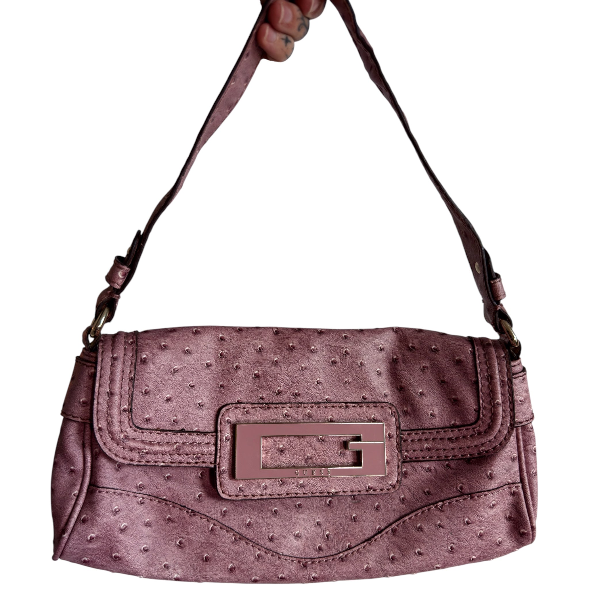 Y2K-era Guess Ostrich-Embossed Baguette Shoulder Bag